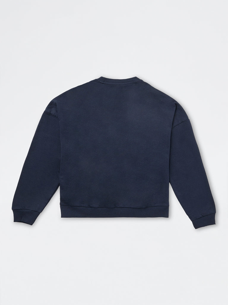 Girls Navy Text Embroidered Cotton Sweatshirt