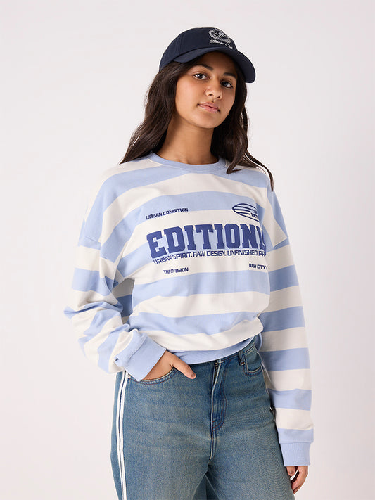 Girls Light Blue Stripe Printed Cotton Sweatshirt