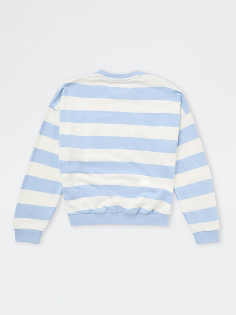 Girls Light Blue Stripe Printed Cotton Sweatshirt