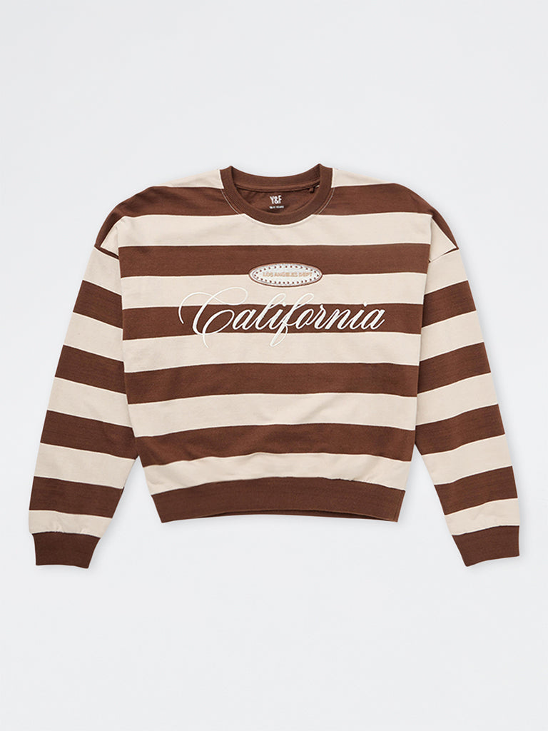 Girls Brown Stripe Printed Cotton Sweatshirt