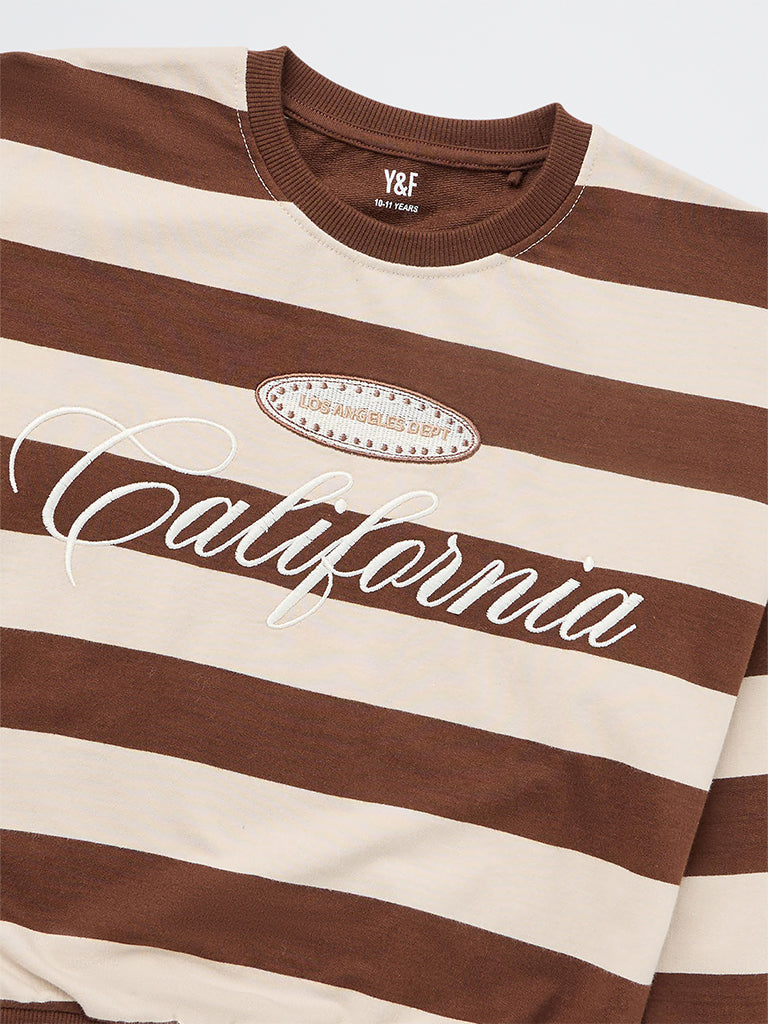 Girls Brown Stripe Printed Cotton Sweatshirt