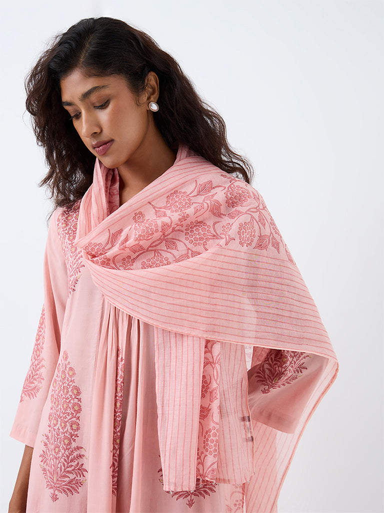 Zuba Light Pink Floral Printed Cotton-Blend Dupatta