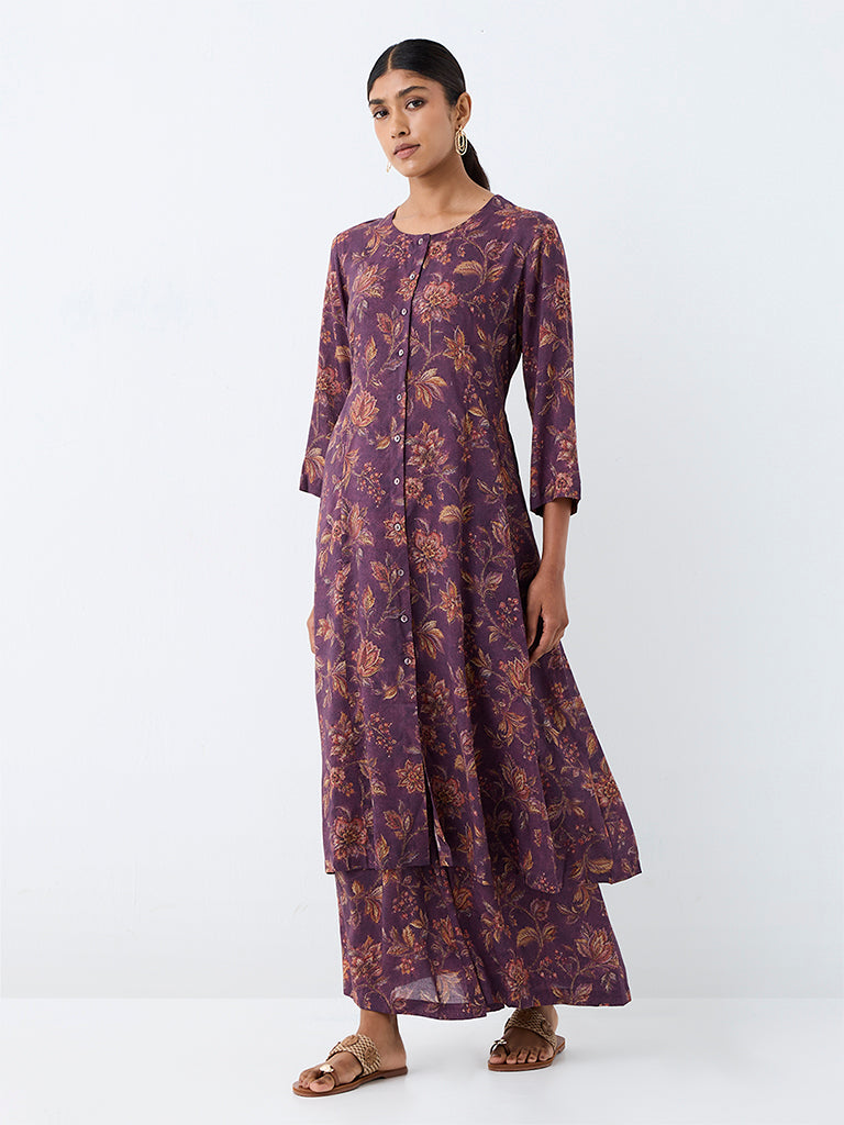 Zuba Violet Floral Pattern A-Line Kurta