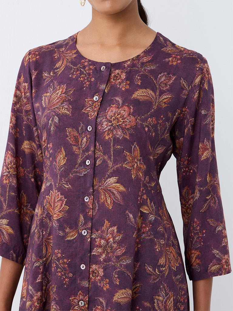 Zuba Violet Floral Pattern A-Line Kurta