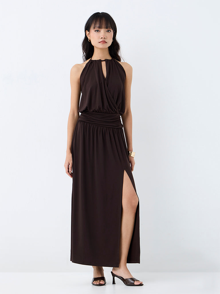 Nuon Dark Brown Solid A-Line Maxi Dress