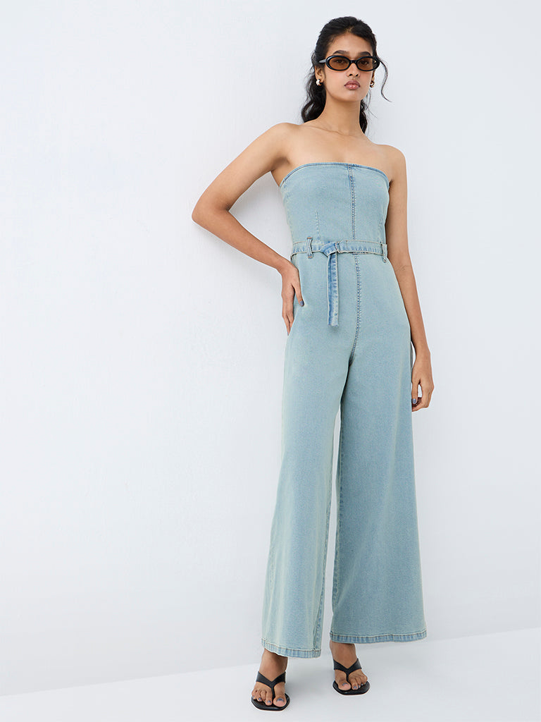 Nuon Light Blue Off-Shoulder Denim Jumpsuit with Belt