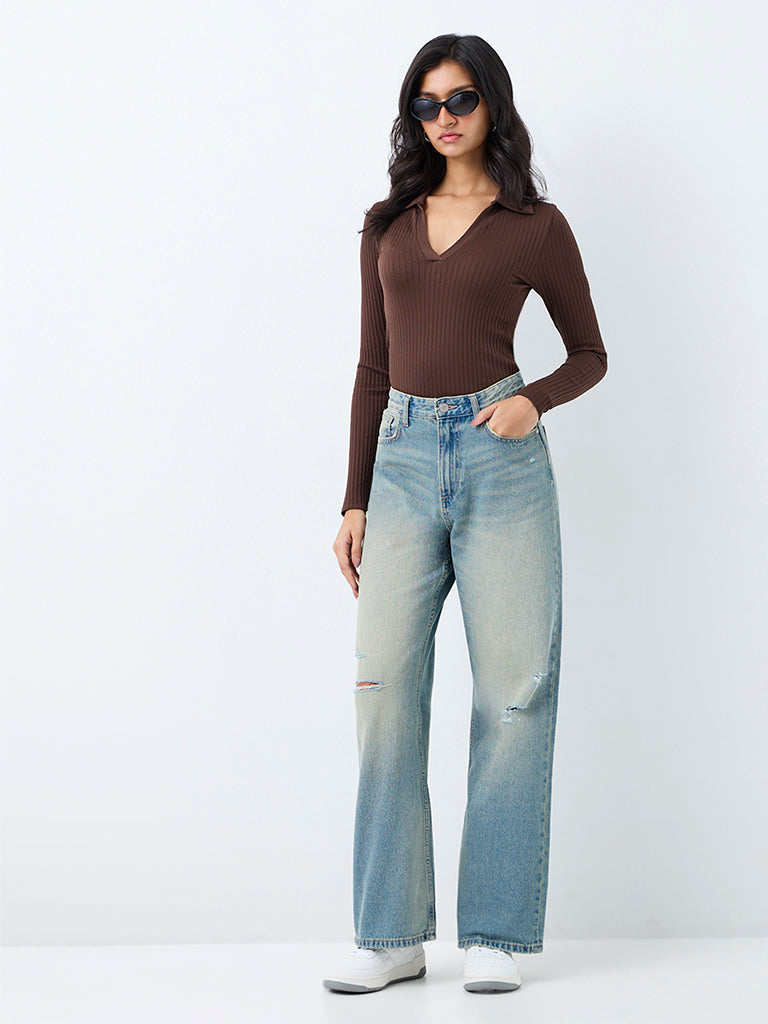 Nuon Light Blue Wash Distressed Details High-Rise Straight Jeans