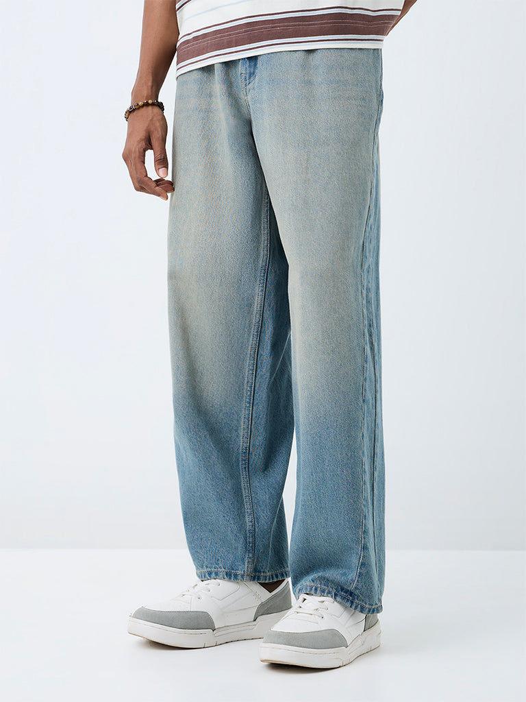 Nuon Blue Washed Barrel-Fit Mid-Rise Jeans