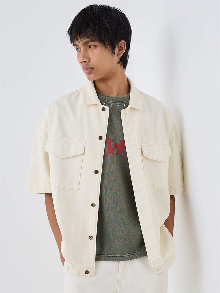 Nuon Off-White Solid Boxy-Fit Denim Shirt