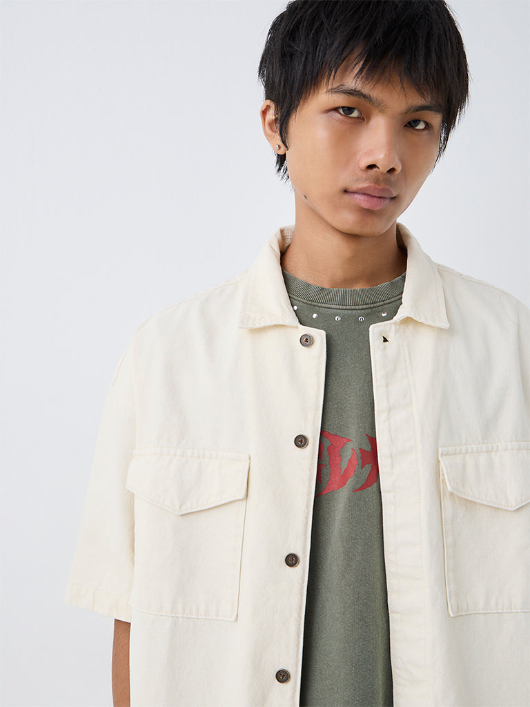 Nuon Off-White Solid Boxy-Fit Denim Shirt