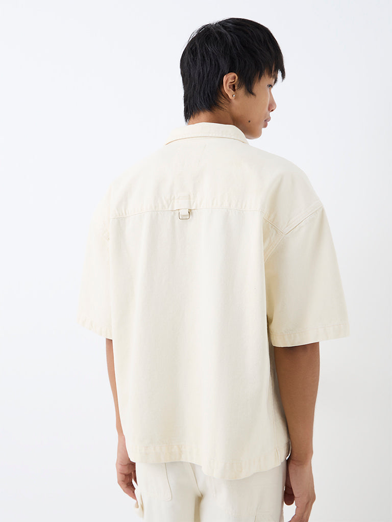 Nuon Off-White Solid Boxy-Fit Denim Shirt
