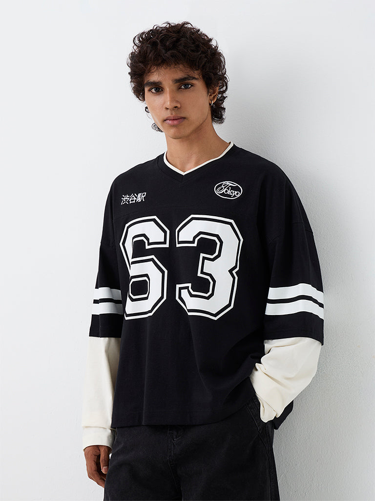 Nuon Black Numerical Printed Oversized-Fit Cotton T-Shirt