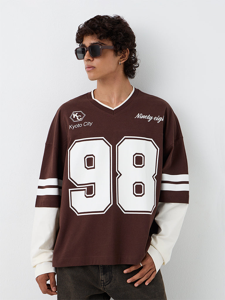 Nuon Dark Brown Numerical Printed Oversized-Fit Cotton T-Shirt