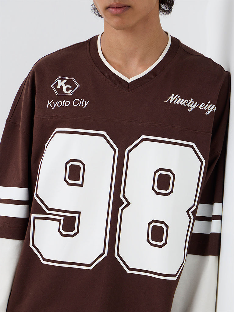 Nuon Dark Brown Numerical Printed Oversized-Fit Cotton T-Shirt
