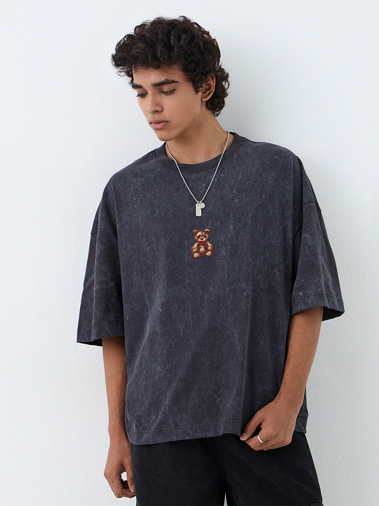 Nuon Charcoal Teddy Embroidered Oversized-Fit Cotton T-Shirt