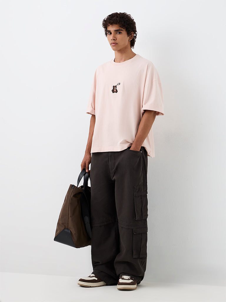 Nuon Light Pink Teddy Embroidered Oversized-Fit Cotton T-Shirt