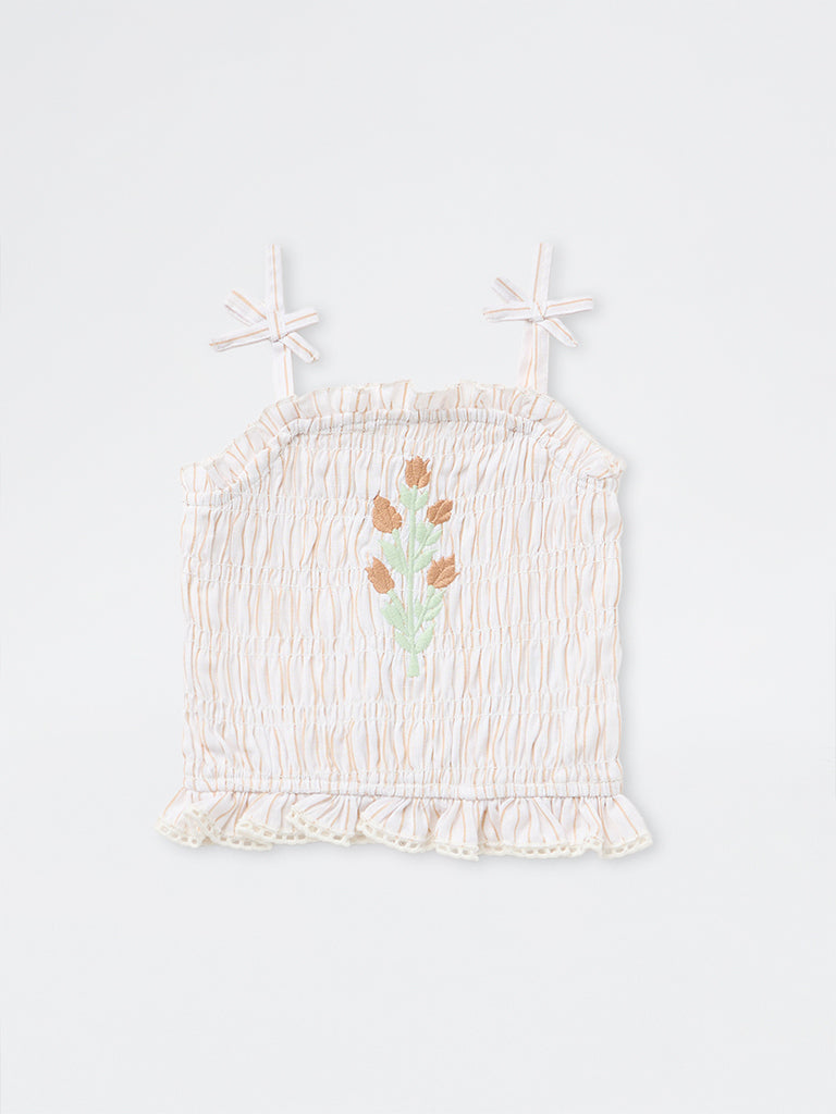 HOP Kids Girls Off-White Floral Embroidered Smocked Top