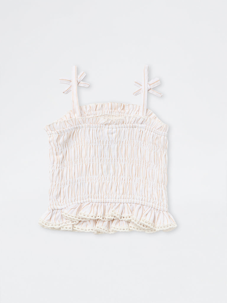 HOP Kids Girls Off-White Floral Embroidered Smocked Top