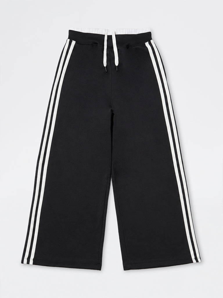 Girls Black Striped High-Rise Track Pants
