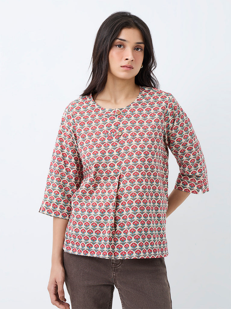 Utsa Multicolour Floral Design Cotton Top