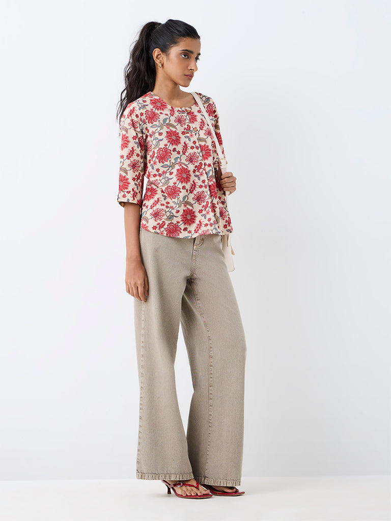 Utsa Light Beige Floral Printed Cotton Tunic