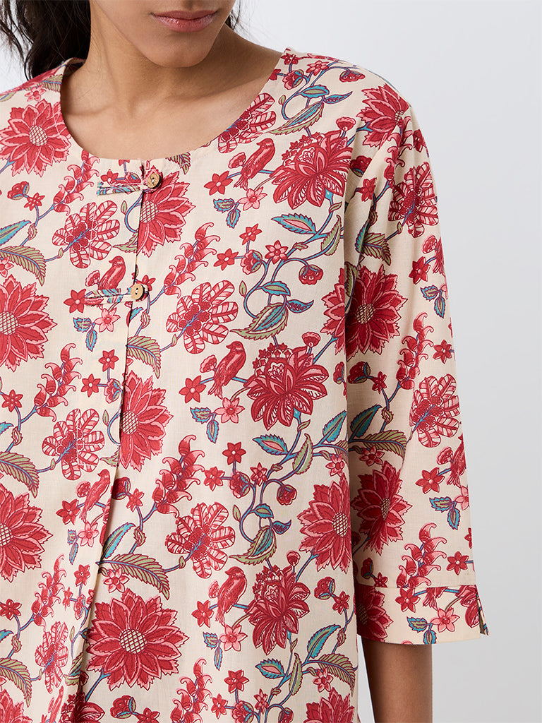 Utsa Light Beige Floral Printed Cotton Tunic
