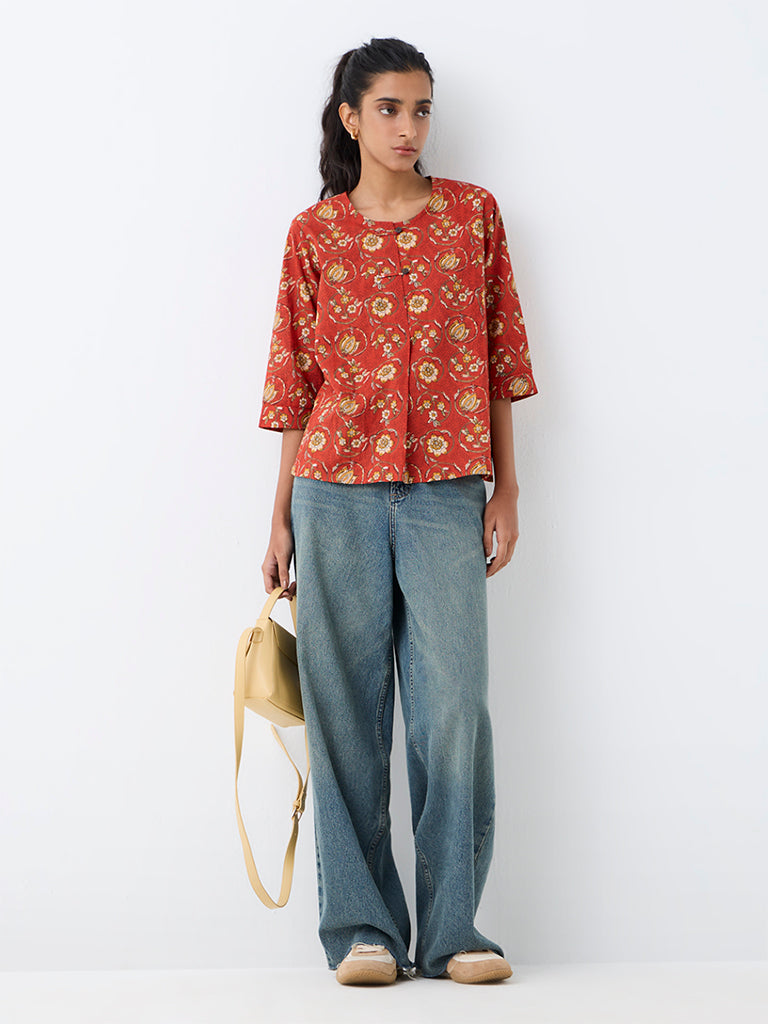 Utsa Dark Orange Floral Printed Cotton Tunic