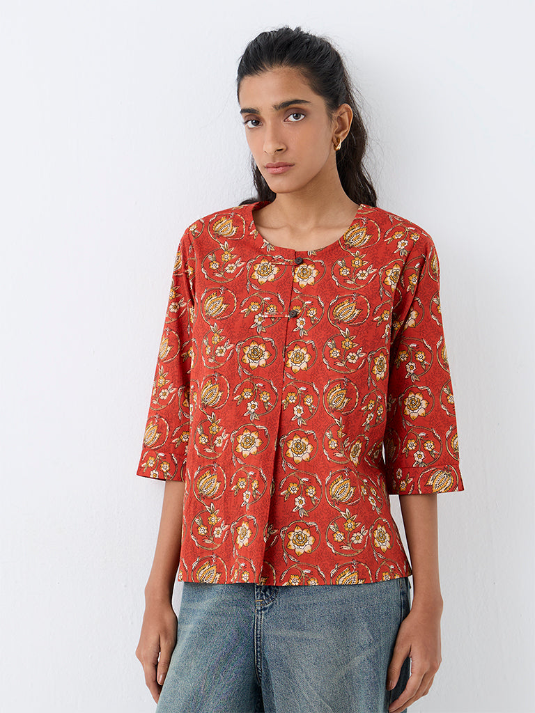 Utsa Dark Orange Floral Printed Cotton Tunic