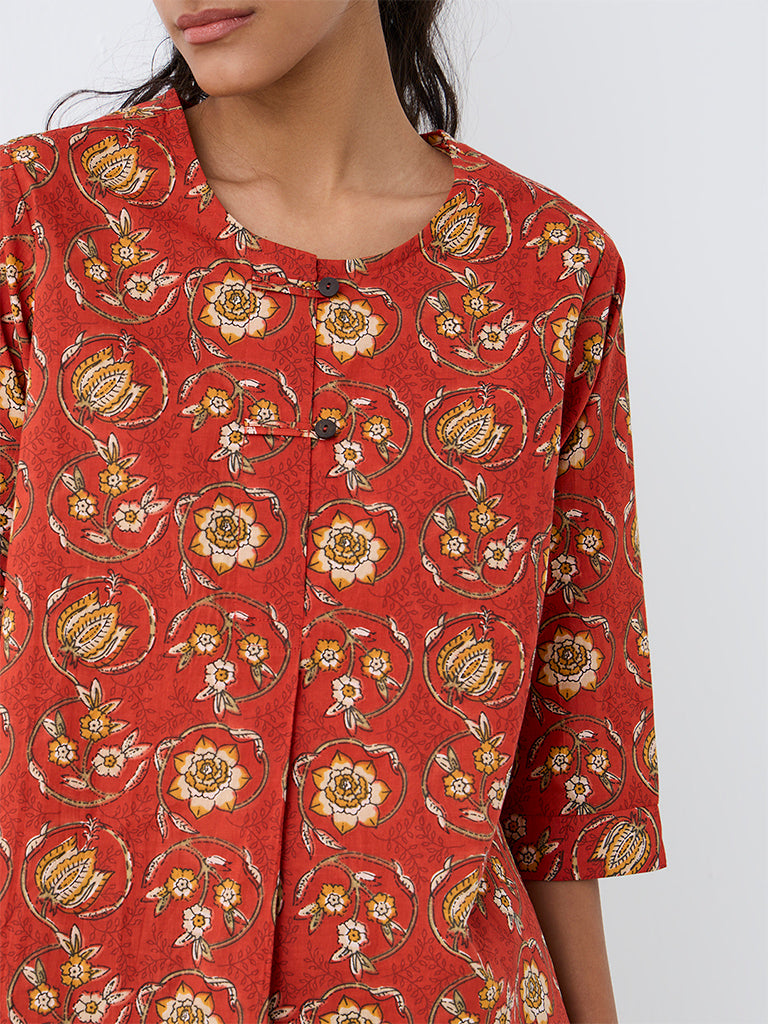 Utsa Dark Orange Floral Printed Cotton Tunic