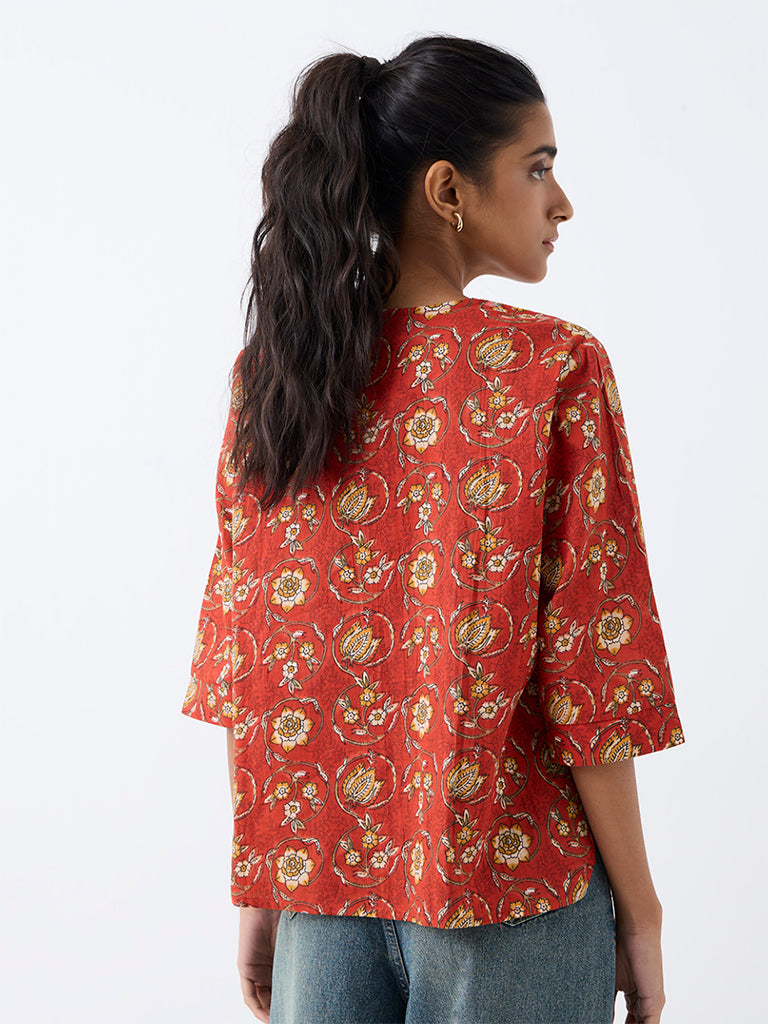 Utsa Dark Orange Floral Printed Cotton Tunic