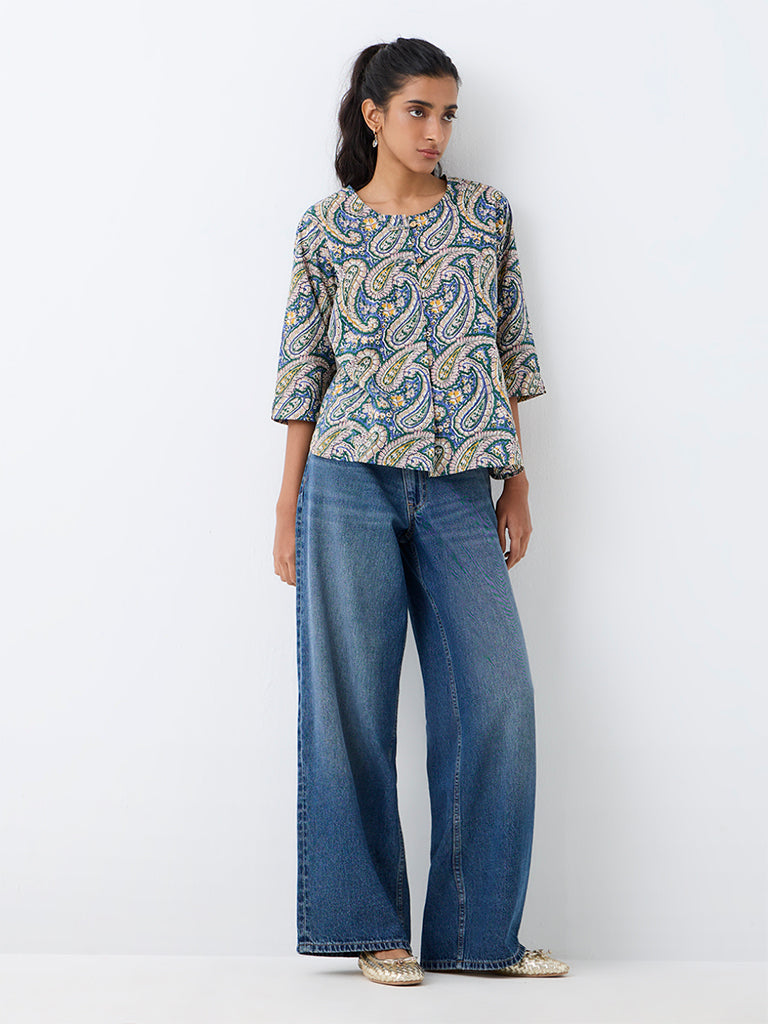 Utsa Blue Paisley Printed Cotton Tunic