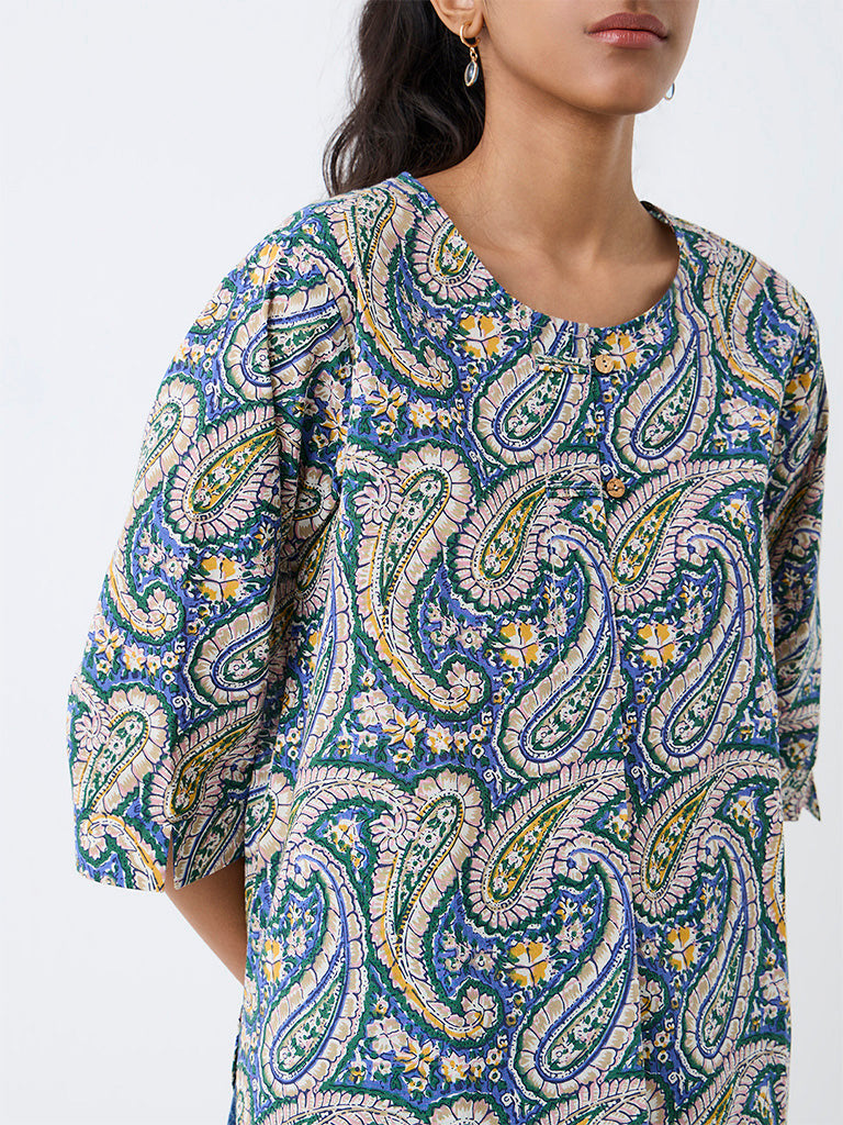 Utsa Blue Paisley Printed Cotton Tunic