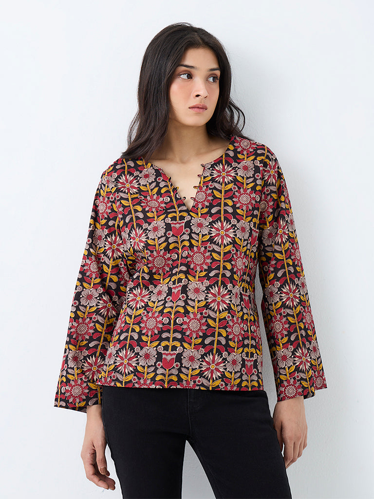 Utsa Red Floral Pattern Cotton Top