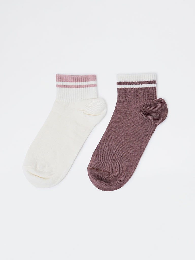 Wunderlove Brown and Ivory Striped Cotton-Blend Ankle Socks - Pack of 2