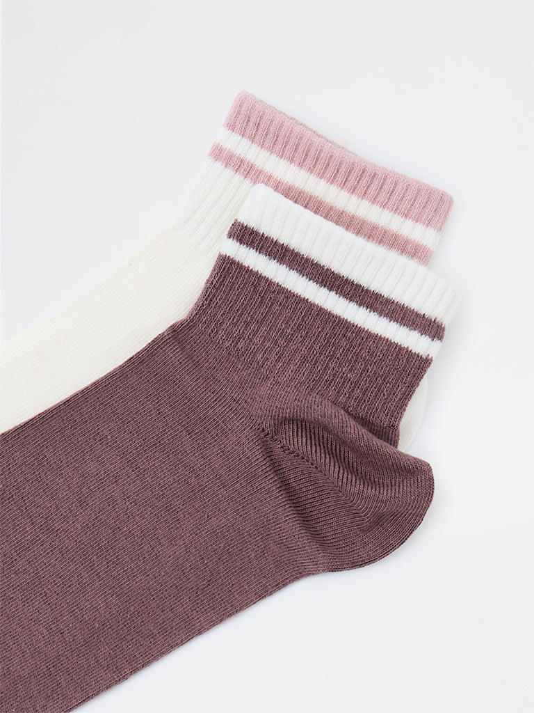 Wunderlove Brown and Ivory Striped Cotton-Blend Ankle Socks - Pack of 2