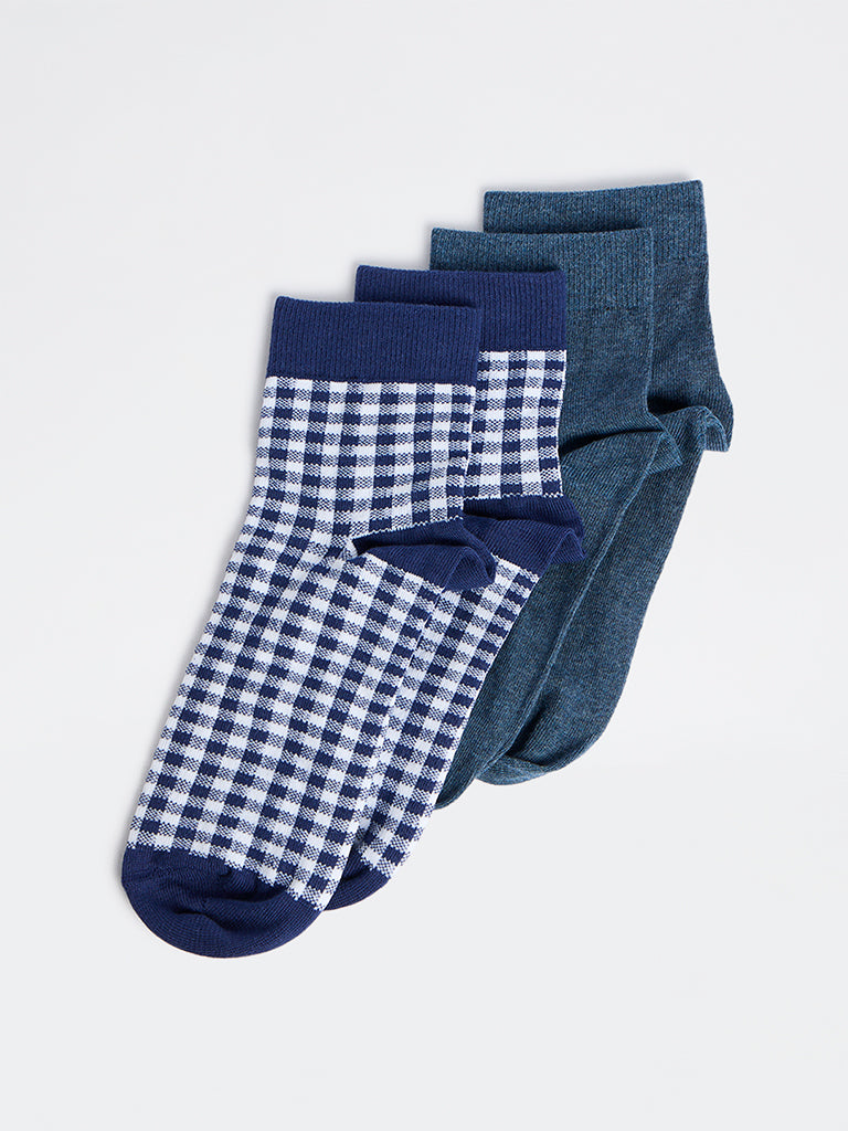 Superstar Navy Gingham Checkered Cotton-Blend Ankle Socks - Pack of 2