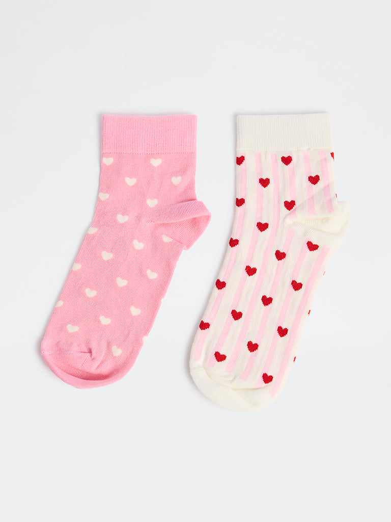 Superstar Pink Heart Printed Cotton-Blend Ankle Socks - Pack of 2