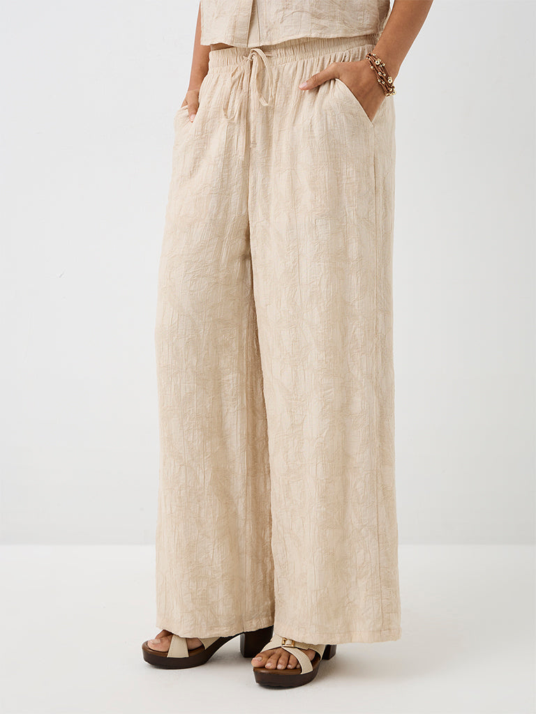 LOV Light Beige Floral Jacquard High-Rise Cotton-Blend Trousers