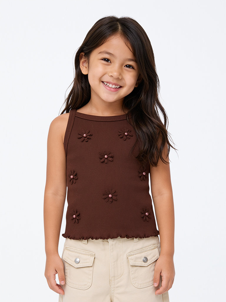 HOP Kids Girls Brown Floral Appliqué Cotton-Blend Top