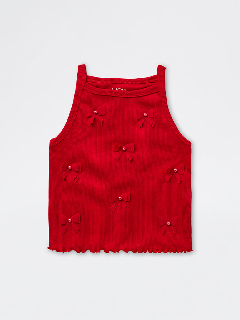 HOP Kids Girls Red Bow Applique Cotton-Blend Top
