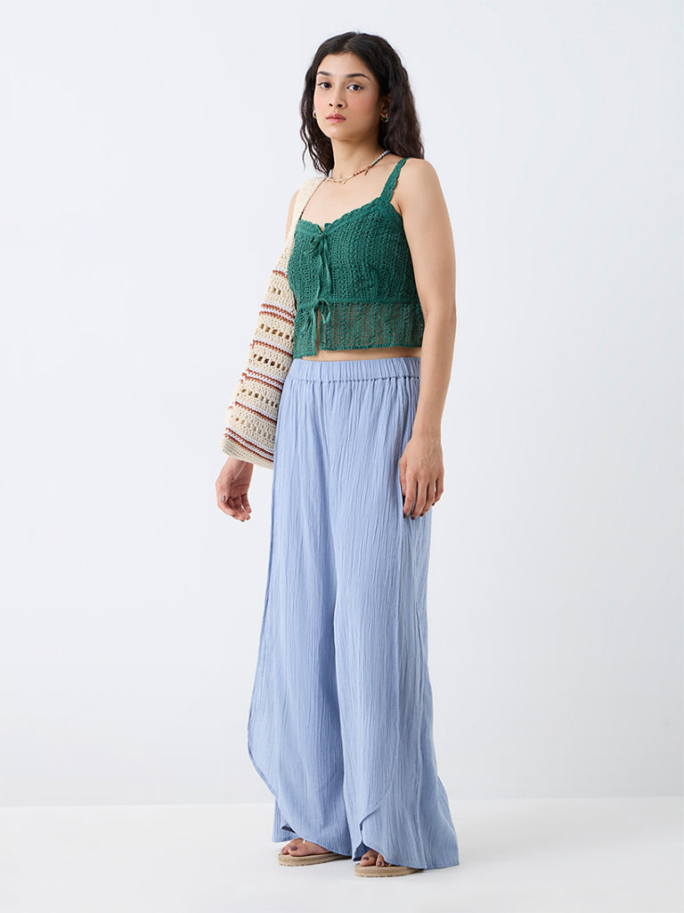 Bombay Paisley Light Blue Crinkle-Textured High-Rise Cotton Pants