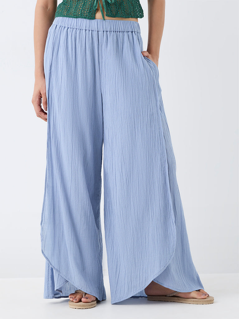 Bombay Paisley Light Blue Crinkle-Textured High-Rise Cotton Pants