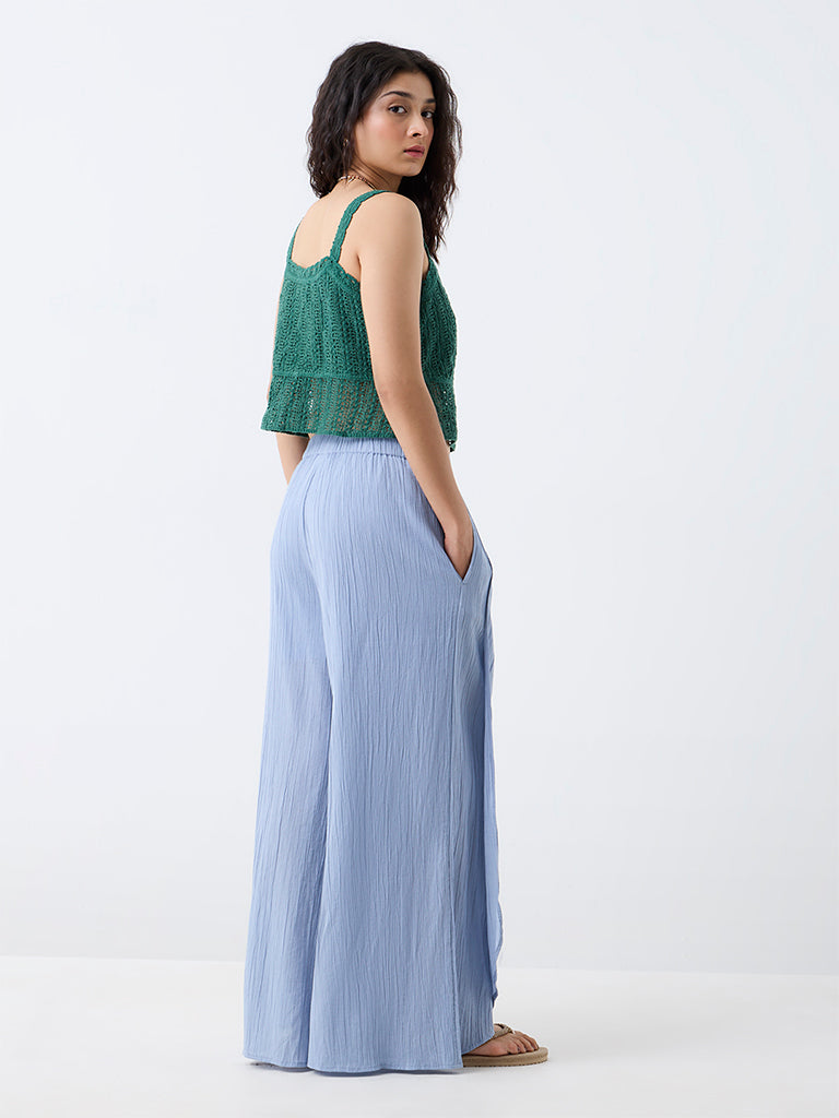 Bombay Paisley Light Blue Crinkle-Textured High-Rise Cotton Pants