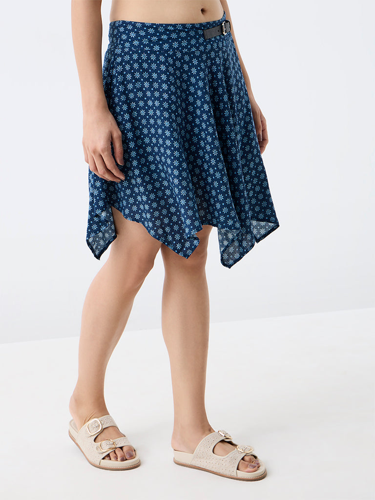 Bombay Paisley Indigo Printed Belt-Detail High-Rise Cotton-Blend Skirt