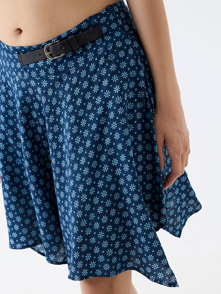 Bombay Paisley Indigo Printed Belt-Detail High-Rise Cotton-Blend Skirt