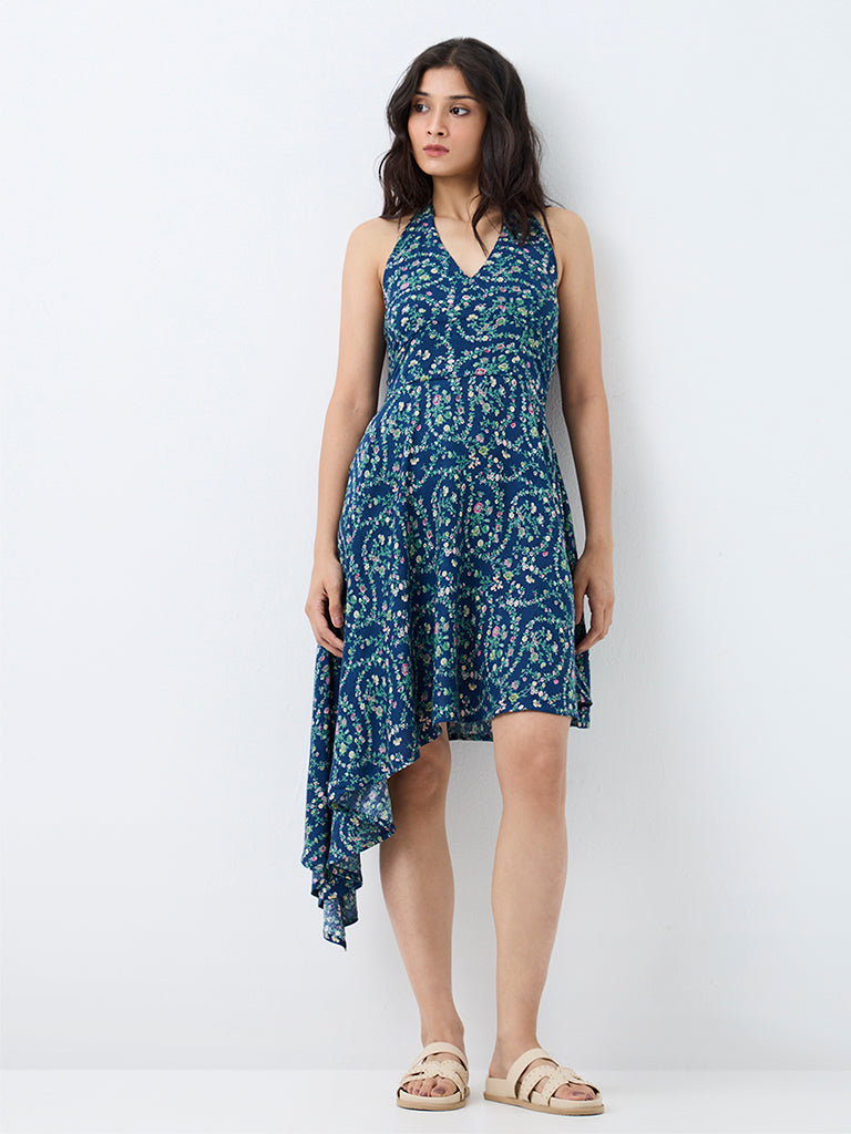 Bombay Paisley Blue Floral Printed Asymmetrical Dress