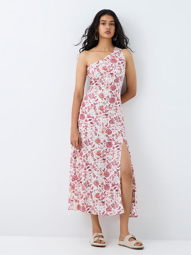 Bombay Paisley Off-White Floral Printed One-Shoulder Dress
