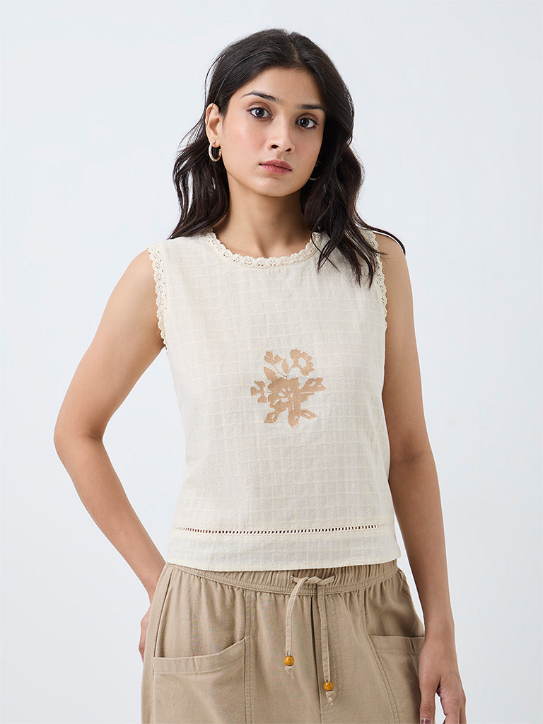 Bombay Paisley Off-White Floral Embroidered Cotton Top