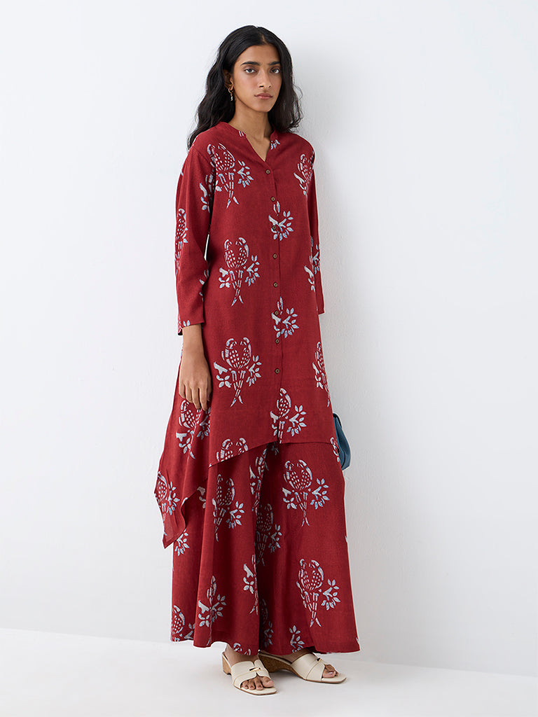 Utsa Red Bird Printed Asymmetrical Kurta