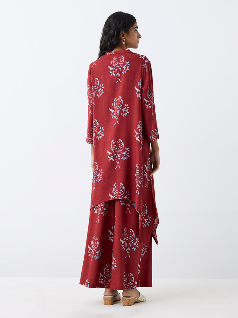 Utsa Red Bird Printed Asymmetrical Kurta